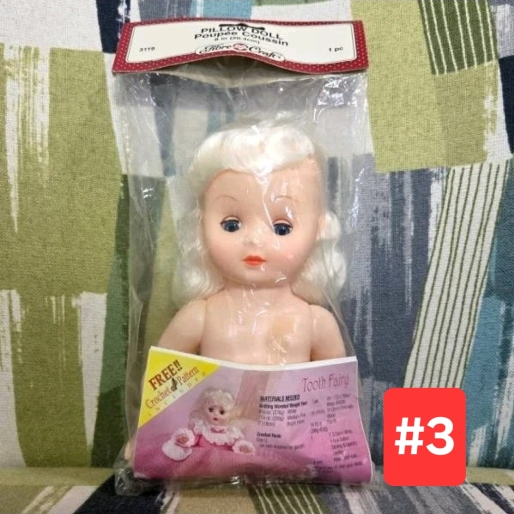 Vtg Fibre Craft Doll Pillow Doll 8" Tall Poupee Coussin White Blonde Blue Eyes